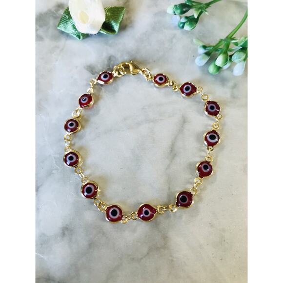 18K GOLD FILLED RED EVIL EYE BRACELET 7.5" PULSERA DE OJO DE LA BUENA SUERTE - Picture 1 of 4